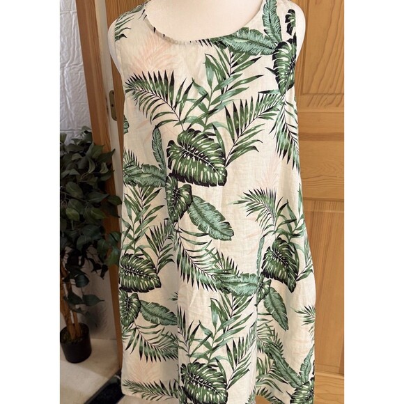 C‎ &C California Linen Dress Womens Small Green And White Leaf Pockets Swing - Picture 2 of 16